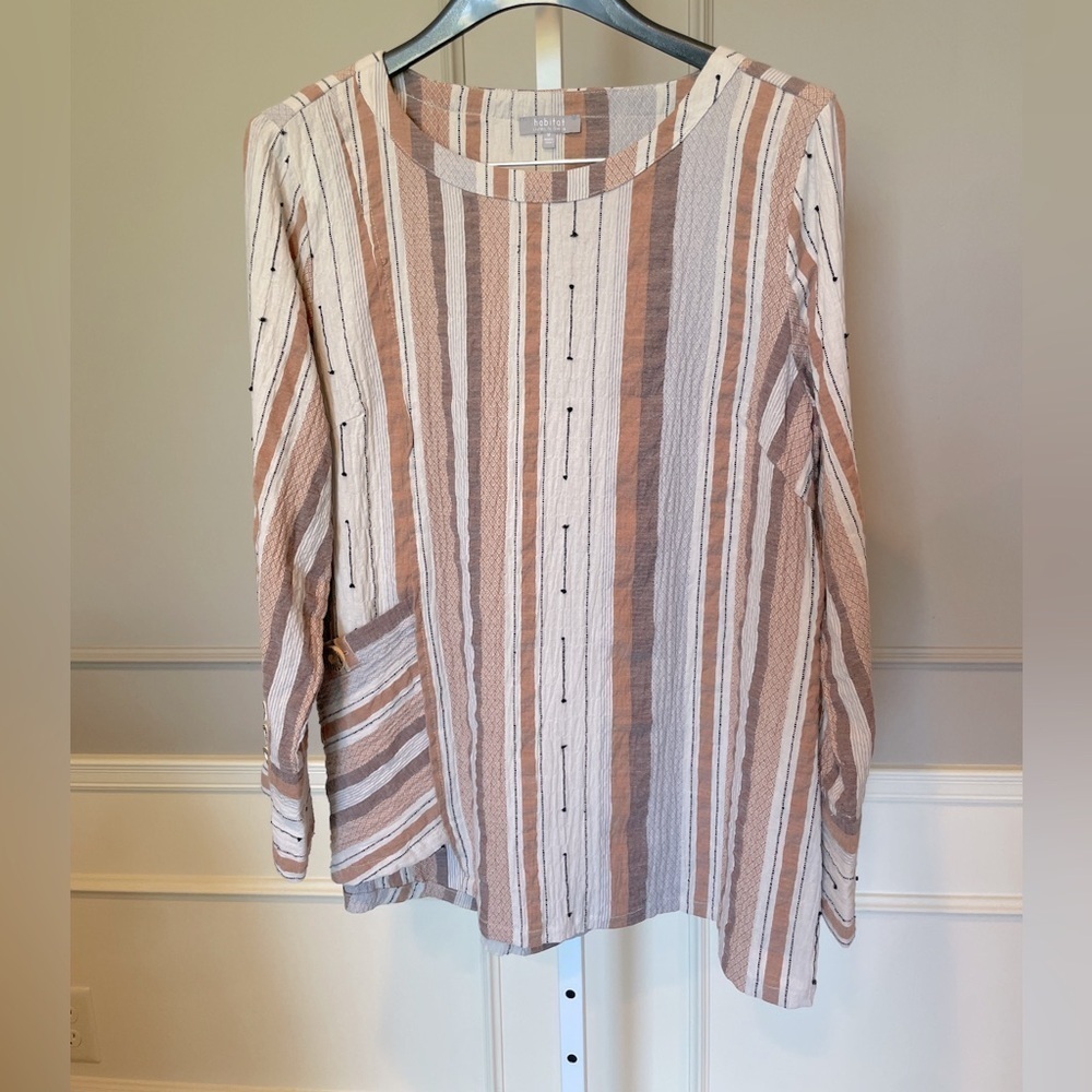 Habitat Peruvian Stripe XL Angled Pocket Tunic top blouse shirt tan neutral